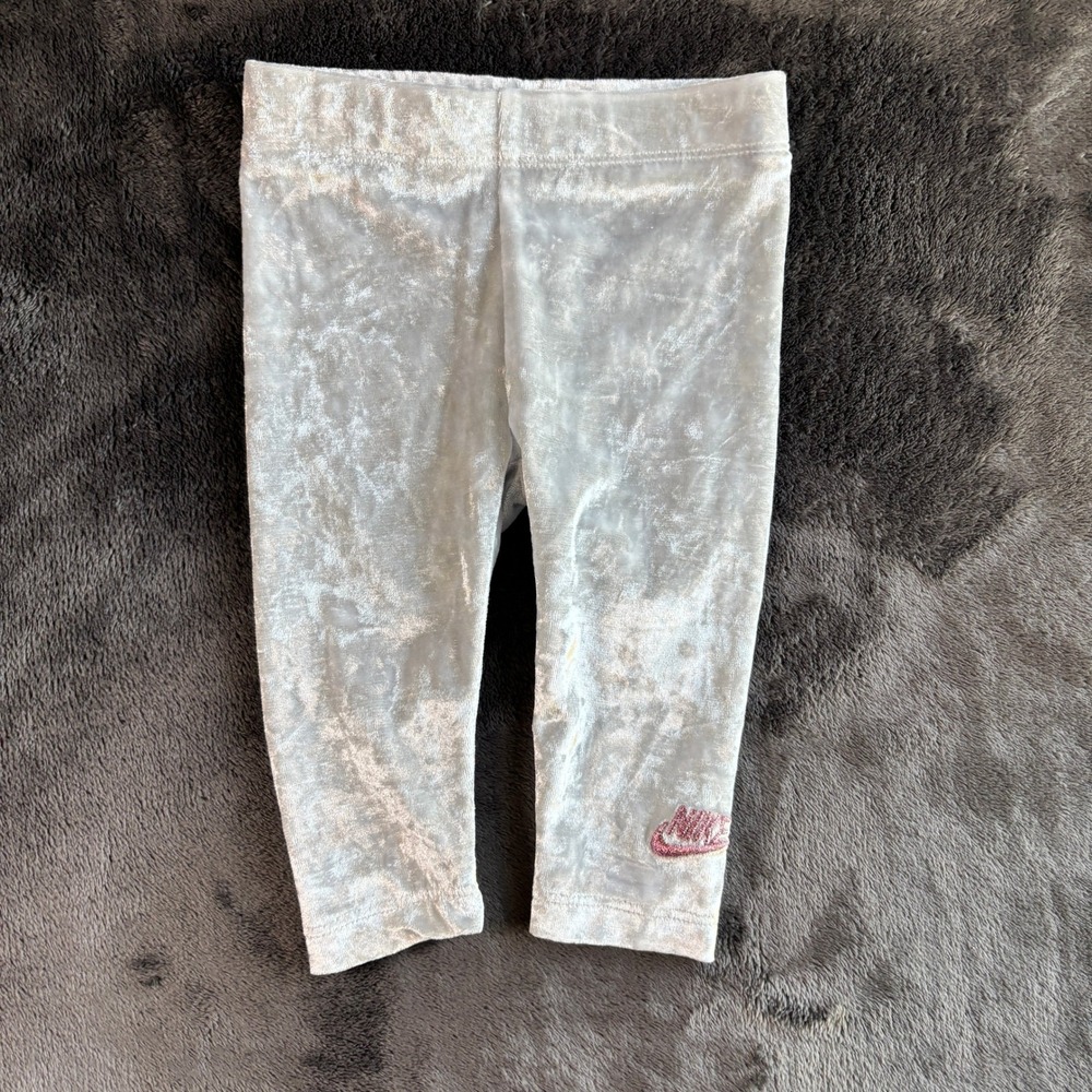 Nike Baby Girls Silver Crushed Velvet Leggings Pink Logo 6M 62-68cm Athleisure